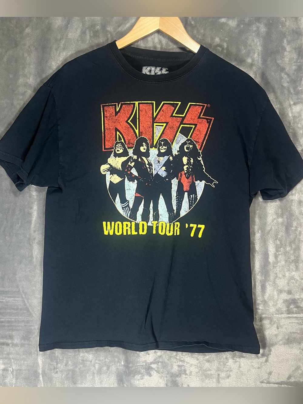 Kiss Black Tee with Red and Yellow Band Graphic